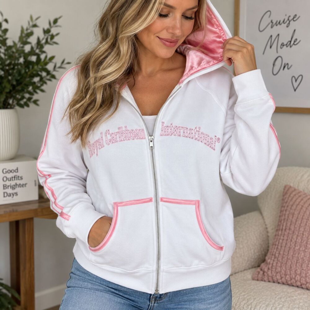 Royal Caribbean Womens XL White Pink Rhinestone Full Zip Hoodie Y2K Cruise Bling